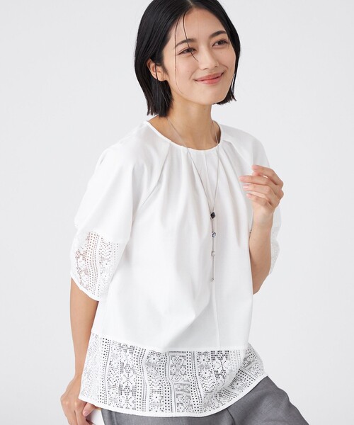 【接触冷感・吸水速乾・抗菌防臭・UV・ウォッシャブル】コンパクト40Gポンチ×ラッセルレースカットソー