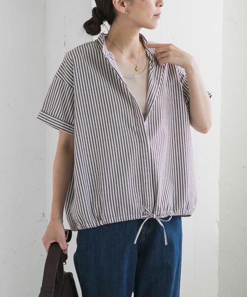 URBAN RESEARCH DOORS（アーバンリサーチドアーズ）の「ストライプドロストバンドカラーシャツ（シャツ/ブラウス・レディース・ネイビー/ブラウン/グリーン・MEDIUM）」の7枚目の写真