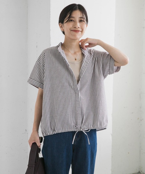 URBAN RESEARCH DOORS（アーバンリサーチドアーズ）の「ストライプドロストバンドカラーシャツ（シャツ/ブラウス・レディース・ネイビー/ブラウン/グリーン・MEDIUM）」の8枚目の写真