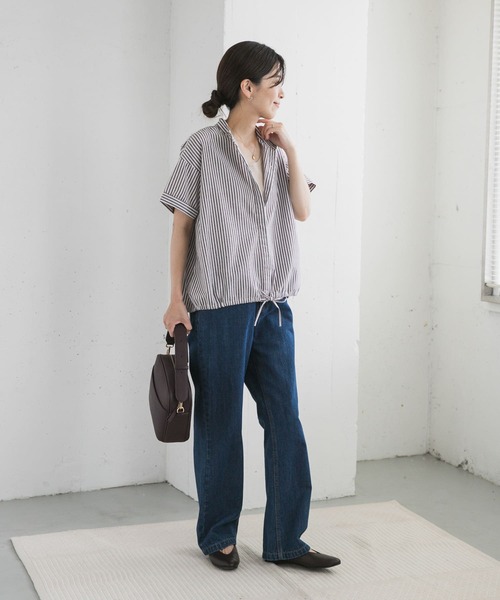 URBAN RESEARCH DOORS（アーバンリサーチドアーズ）の「ストライプドロストバンドカラーシャツ（シャツ/ブラウス・レディース・ネイビー/ブラウン/グリーン・MEDIUM）」の10枚目の写真