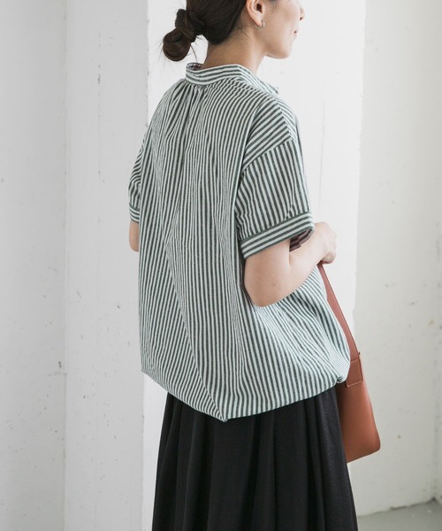 セール】ストライプドロストバンドカラーシャツ（シャツ/ブラウス