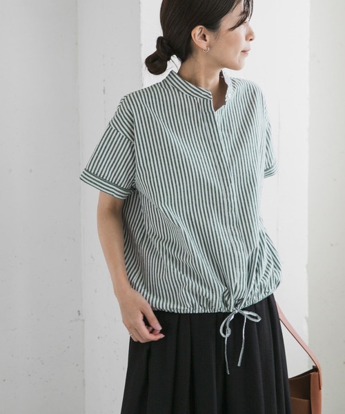 セール】ストライプドロストバンドカラーシャツ（シャツ/ブラウス
