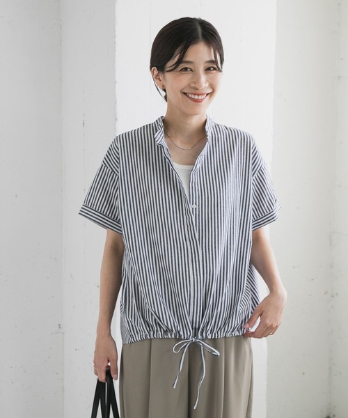 セール】ストライプドロストバンドカラーシャツ（シャツ