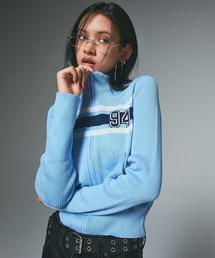 NUMBERING JACQUARD ZIP UP KNIT TOP