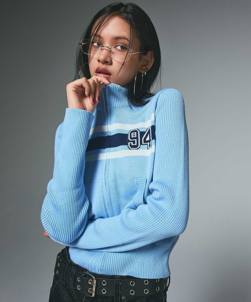トップス WIRED NUMBERING JACQUARD ZIP UP KNIT TOP（ニット/セーター）｜X