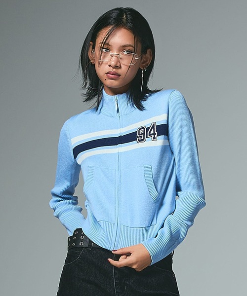 セール】NUMBERING JACQUARD ZIP UP KNIT TOP（ニット/セーター）｜X