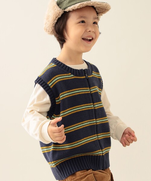 BEAMS mini（ビームスミニ）の「ボーダー ニット ベスト 2025FW（90～140cm）（ベスト・キッズ・ホワイト系その他5/ネイビー・(130~140)/M(110～120)/S(90～100)）」の2枚目の写真