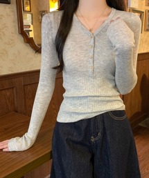 Vネックリブニットトップス