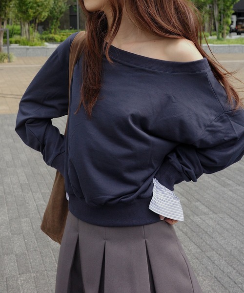 Mela（メラ）の「レイヤード風オフショルトップス（スウェット・レディース・ネイビー/グレー・FREE）」の14枚目の写真