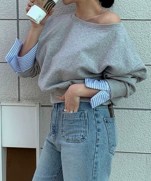 Mela（メラ）の「レイヤード風オフショルトップス（スウェット・レディース・ネイビー/グレー・FREE）」の18枚目の写真