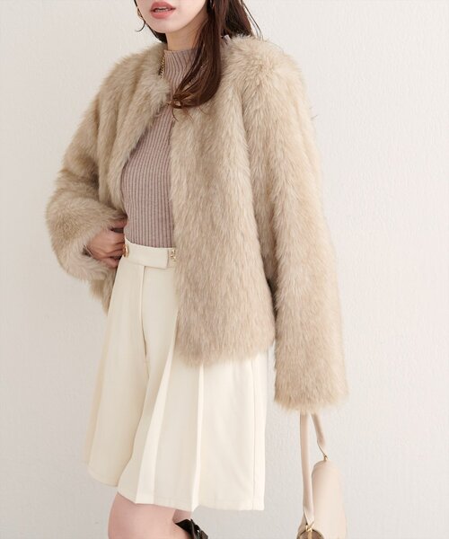 natural couture(ナチュラルクチュール)の「【WEB限定】ノーカラーファージャケット(ノーカラージャケット・レディース・ブラウン/アイボリー・FREE)」の4枚目の写真
