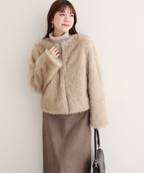 natural couture(ナチュラルクチュール)の「【WEB限定】ノーカラーファージャケット(ノーカラージャケット・レディース・ブラウン/アイボリー・FREE)」の8枚目の写真