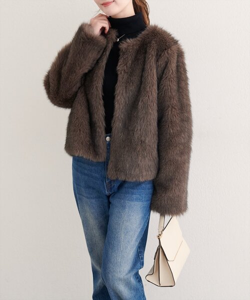 セール】【WEB限定】ノーカラーファージャケット（ノーカラー