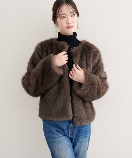natural couture(ナチュラルクチュール)の「【WEB限定】ノーカラーファージャケット(ノーカラージャケット・レディース・ブラウン/アイボリー・FREE)」の15枚目の写真