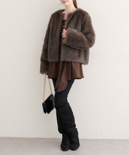 natural couture(ナチュラルクチュール)の「【WEB限定】ノーカラーファージャケット(ノーカラージャケット・レディース・ブラウン/アイボリー・FREE)」の14枚目の写真