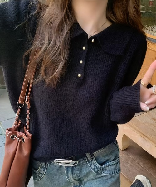 yuue' ( wear )（ユーイ）の「ポロカラーリブニットトップス（ニット/セーター・レディース・アイボリー/レッド/ブラック・FREE）」の2枚目の写真