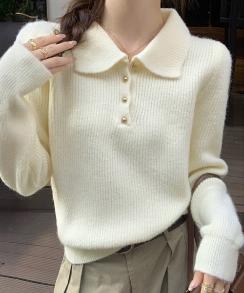 yuue' ( wear )（ユーイ）の「ポロカラーリブニットトップス（ニット/セーター・レディース・アイボリー/レッド/ブラック・FREE）」の7枚目の写真