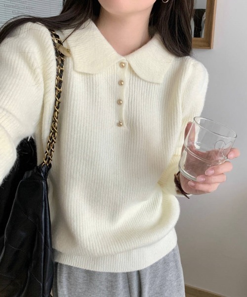 yuue' ( wear )（ユーイ）の「ポロカラーリブニットトップス（ニット/セーター・レディース・アイボリー/レッド/ブラック・FREE）」の14枚目の写真