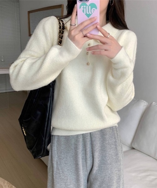 yuue' ( wear )（ユーイ）の「ポロカラーリブニットトップス（ニット/セーター・レディース・アイボリー/レッド/ブラック・FREE）」の8枚目の写真