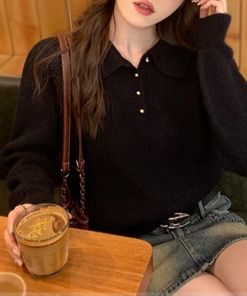 yuue' ( wear )（ユーイ）の「ポロカラーリブニットトップス（ニット/セーター・レディース・アイボリー/レッド/ブラック・FREE）」の5枚目の写真