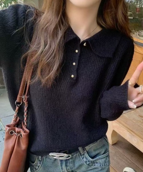 yuue' ( wear )（ユーイ）の「ポロカラーリブニットトップス（ニット/セーター・レディース・アイボリー/レッド/ブラック・FREE）」の10枚目の写真