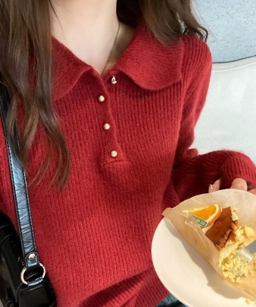 yuue' ( wear )（ユーイ）の「ポロカラーリブニットトップス（ニット/セーター・レディース・アイボリー/レッド/ブラック・FREE）」の9枚目の写真