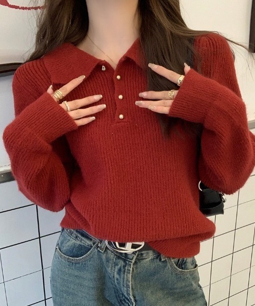 yuue' ( wear )（ユーイ）の「ポロカラーリブニットトップス（ニット/セーター・レディース・アイボリー/レッド/ブラック・FREE）」の15枚目の写真