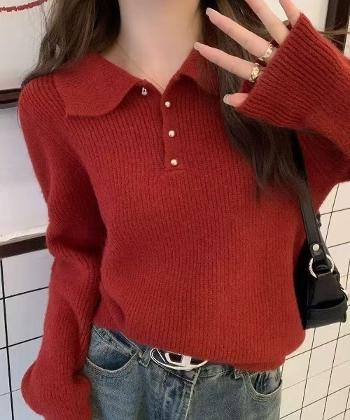 yuue' ( wear )（ユーイ）の「ポロカラーリブニットトップス（ニット/セーター・レディース・アイボリー/レッド/ブラック・FREE）」の18枚目の写真