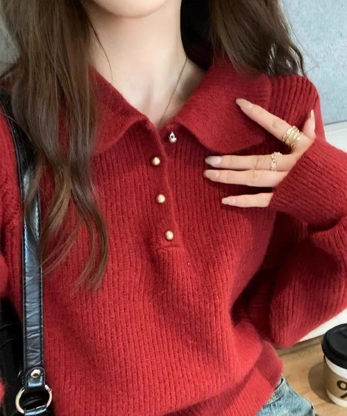 yuue' ( wear )（ユーイ）の「ポロカラーリブニットトップス（ニット/セーター・レディース・アイボリー/レッド/ブラック・FREE）」の6枚目の写真