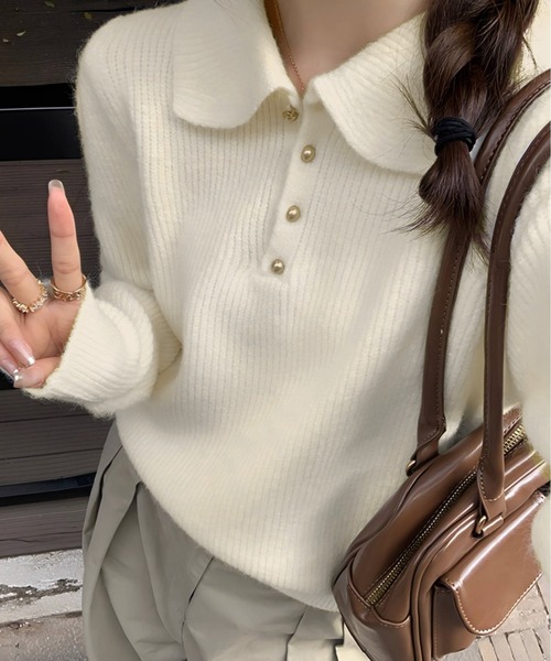 yuue' ( wear )（ユーイ）の「ポロカラーリブニットトップス（ニット/セーター・レディース・アイボリー/レッド/ブラック・FREE）」の20枚目の写真