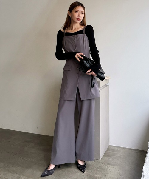 ROYAL PARTY（ロイヤルパーティー）の「ベストレイヤード風オールインワン（つなぎ/オールインワン・レディース・キャメル/ブラック/グレー・FREE）」の2枚目の写真