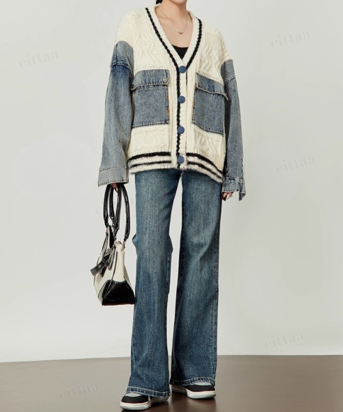 Dalfwin（ダールフィン）の「韓国ファッション デニムドッキングVネックニットカーディガン（カーディガン/ボレロ・レディース・ホワイト/ブラック・FREE）」の10枚目の写真