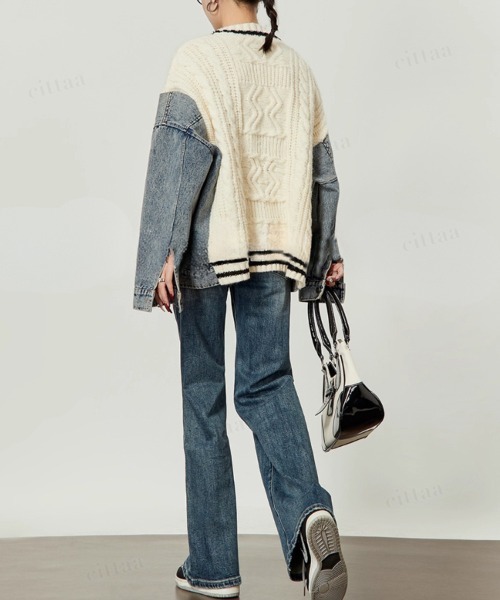 Dalfwin（ダールフィン）の「韓国ファッション デニムドッキングVネックニットカーディガン（カーディガン/ボレロ・レディース・ホワイト/ブラック・FREE）」の11枚目の写真