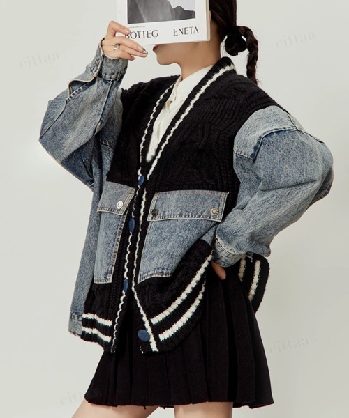 Dalfwin（ダールフィン）の「韓国ファッション デニムドッキングVネックニットカーディガン（カーディガン/ボレロ・レディース・ホワイト/ブラック・FREE）」の13枚目の写真