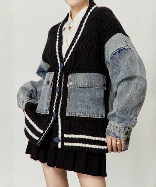 Dalfwin（ダールフィン）の「韓国ファッション デニムドッキングVネックニットカーディガン（カーディガン/ボレロ・レディース・ホワイト/ブラック・FREE）」の14枚目の写真