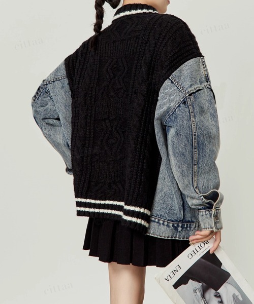Dalfwin（ダールフィン）の「韓国ファッション デニムドッキングVネックニットカーディガン（カーディガン/ボレロ・レディース・ホワイト/ブラック・FREE）」の15枚目の写真
