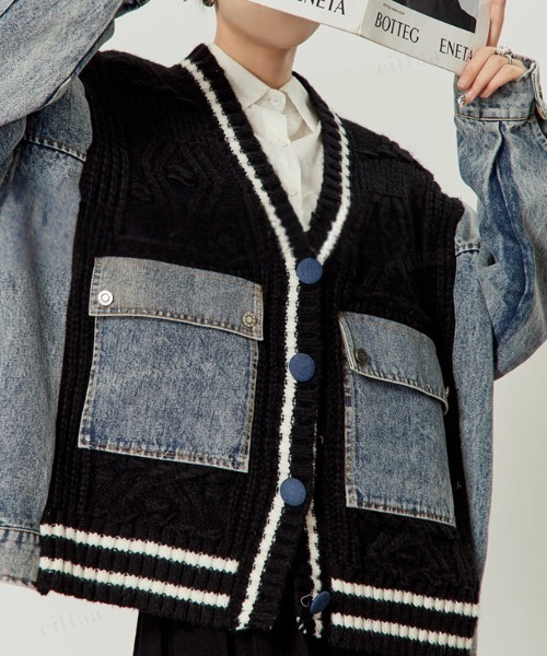 Dalfwin（ダールフィン）の「韓国ファッション デニムドッキングVネックニットカーディガン（カーディガン/ボレロ・レディース・ホワイト/ブラック・FREE）」の16枚目の写真