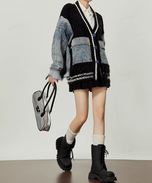 Dalfwin（ダールフィン）の「韓国ファッション デニムドッキングVネックニットカーディガン（カーディガン/ボレロ・レディース・ホワイト/ブラック・FREE）」の19枚目の写真