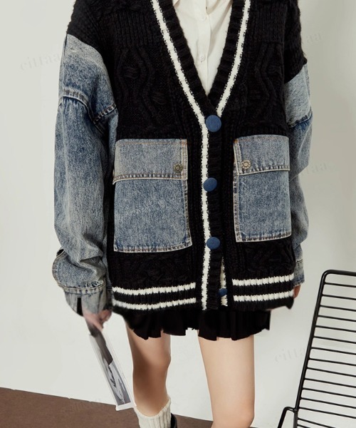 Dalfwin（ダールフィン）の「韓国ファッション デニムドッキングVネックニットカーディガン（カーディガン/ボレロ・レディース・ホワイト/ブラック・FREE）」の21枚目の写真