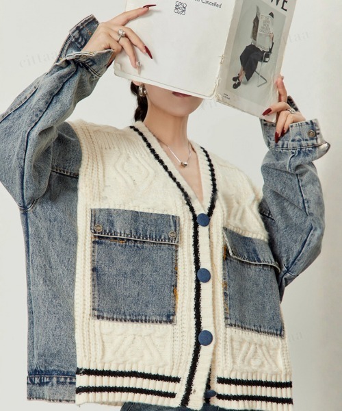 Dalfwin（ダールフィン）の「韓国ファッション デニムドッキングVネックニットカーディガン（カーディガン/ボレロ・レディース・ホワイト/ブラック・FREE）」の6枚目の写真