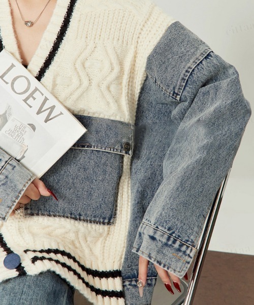 Dalfwin（ダールフィン）の「韓国ファッション デニムドッキングVネックニットカーディガン（カーディガン/ボレロ・レディース・ホワイト/ブラック・FREE）」の9枚目の写真