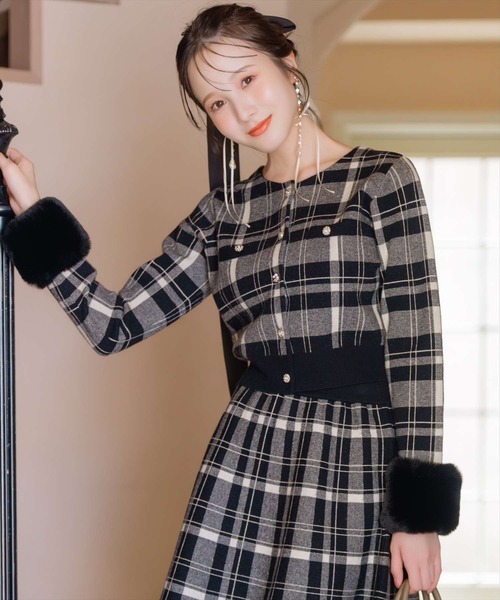 CHECK KNIT series】チェック柄ファーカフスカーディガン