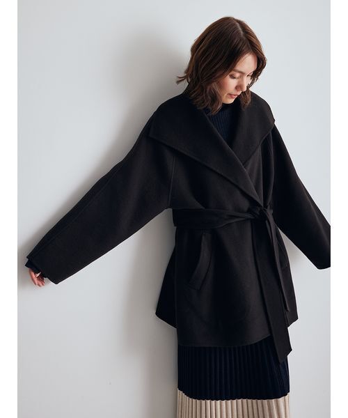 セール】共ベルト付きビックカラーミディ丈コート（ステンカラーコート