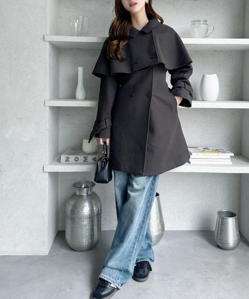 コトリワークス　ウールの万能ケープ　チャコールグレー ウールの「万能ケープ」(カーディガン兼用) 【フリー】 【日本製ホール