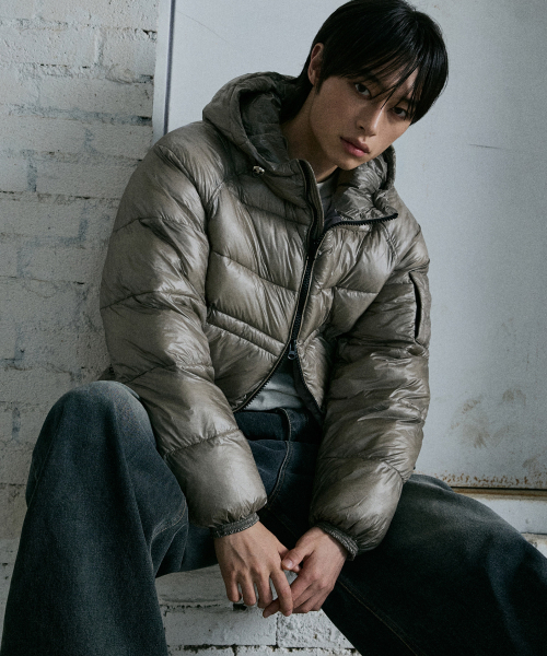 シースルーキルティングフード軽量ダウン - ダークグレー（ダウン