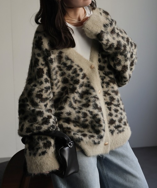 セール】レオパードシャギーニットカーディガン / オーバーサイズ