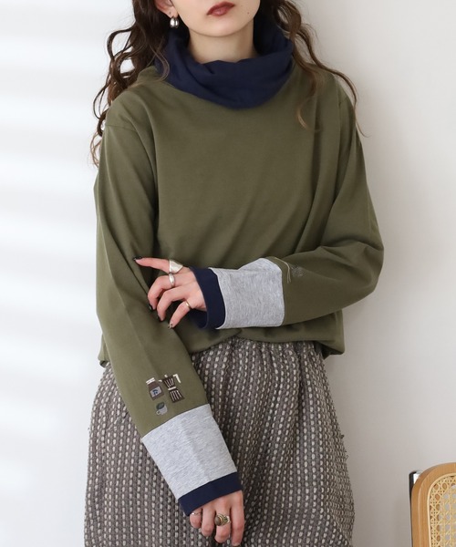 Emago(イマゴ)の「EMAGO ひと息刺繍袖切替えタートル 長袖(Tシャツ/カットソー・レディース・アイボリー/カーキ/ネイビー・FREE)」の2枚目の写真