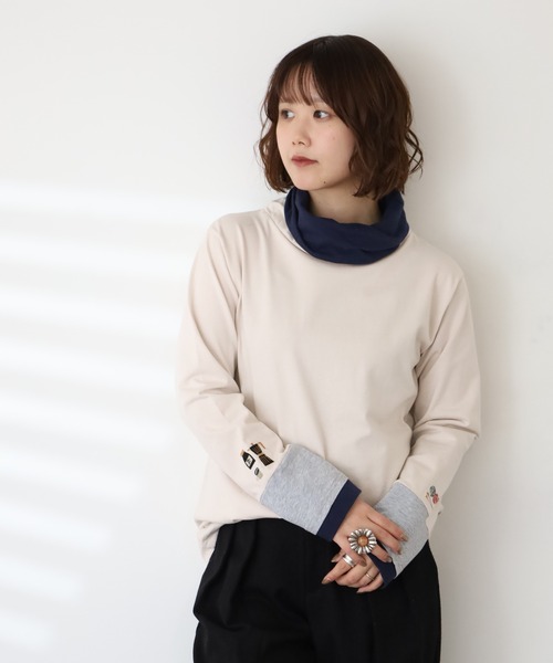 Emago(イマゴ)の「EMAGO ひと息刺繍袖切替えタートル 長袖(Tシャツ/カットソー・レディース・アイボリー/カーキ/ネイビー・FREE)」の18枚目の写真