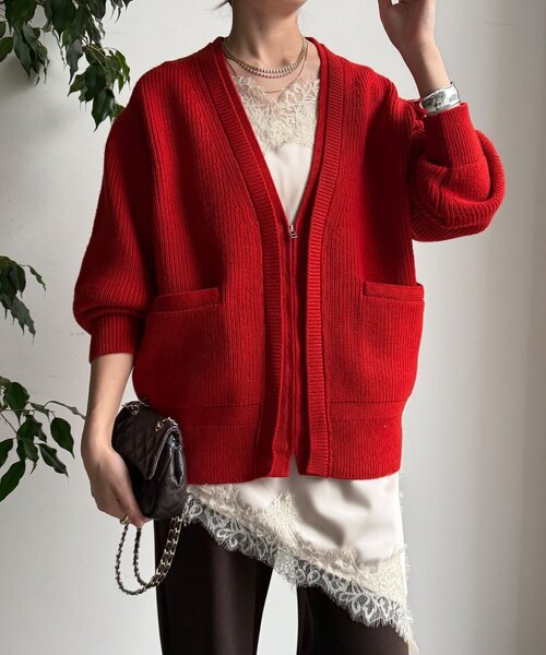 DouDou（ドゥドゥ）の「ジップニットカーディガン（カーディガン/ボレロ・レディース・レッド/グレー/オフホワイト・FREE）」の3枚目の写真