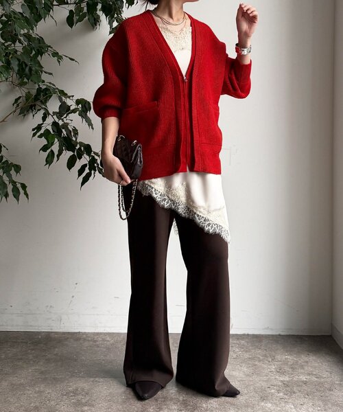 DouDou（ドゥドゥ）の「ジップニットカーディガン（カーディガン/ボレロ・レディース・レッド/グレー/オフホワイト・FREE）」の12枚目の写真